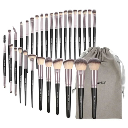 MAANGE 30-piece professional makeup brush set with nylon bristles and black handles, including blending, foundation, eyeshadow, and eyebrow brushes, plus a grey drawstring storage bag.