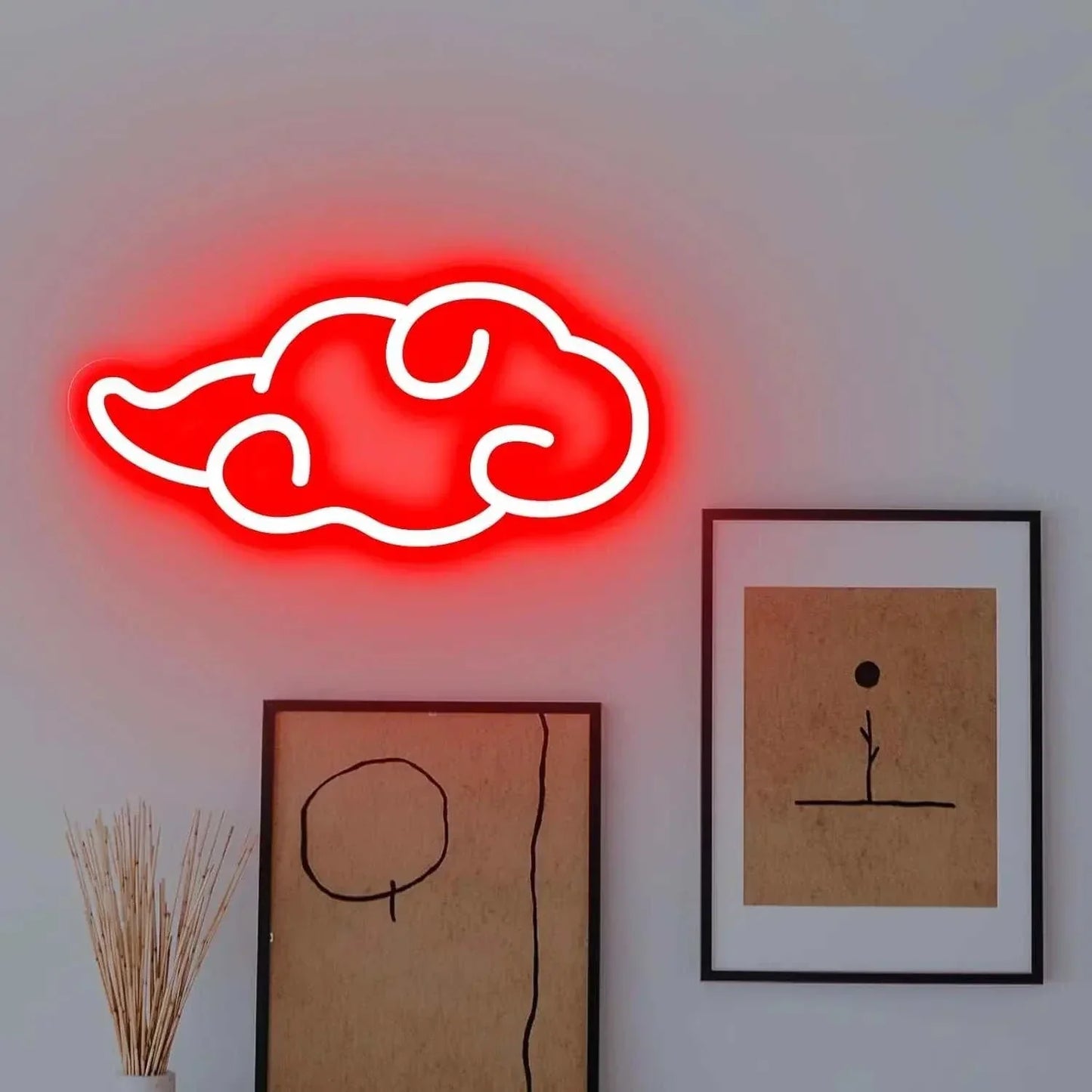 Akatsuki Cloud Neon LED sign glowing red on wall above framed art for room decor
