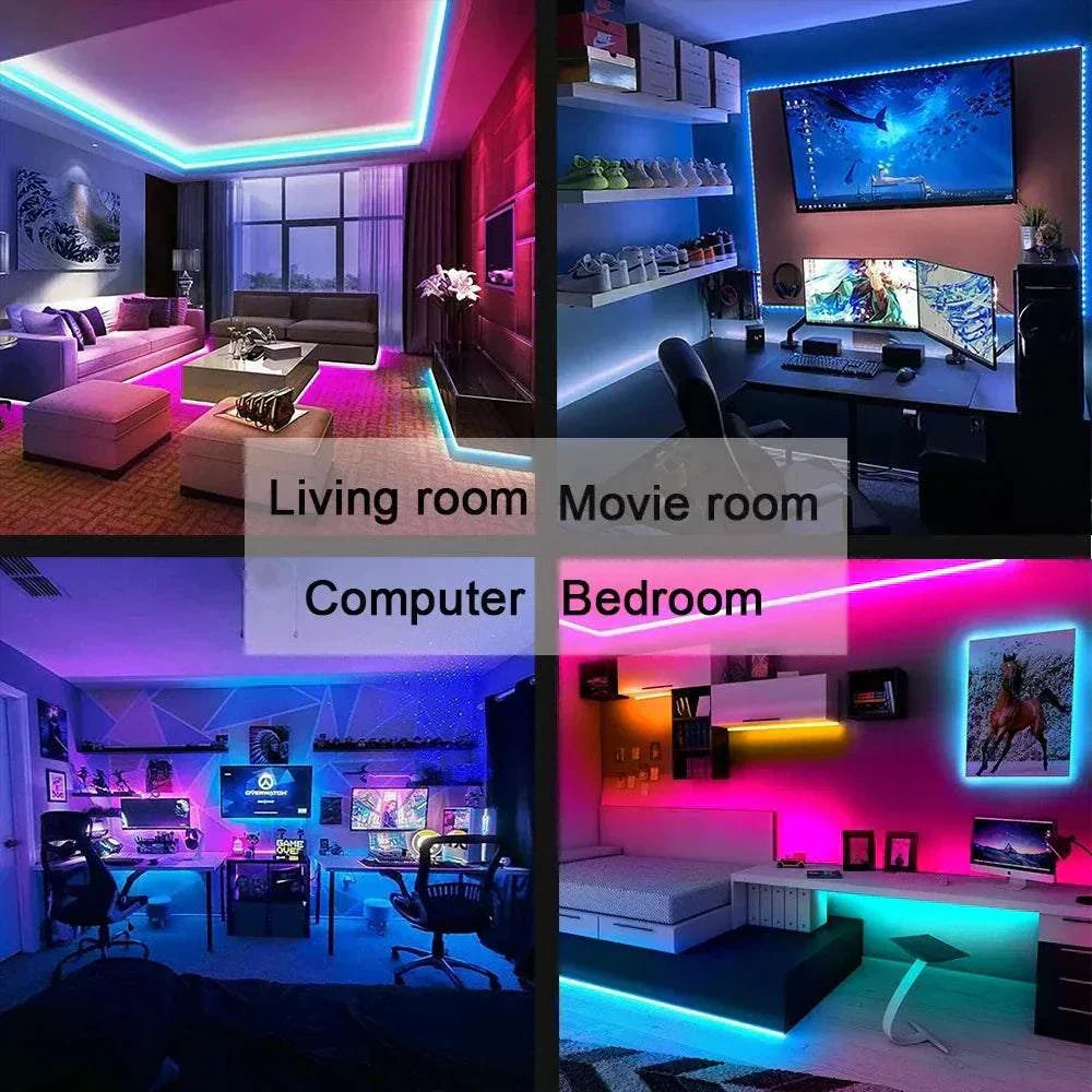 LED Light Strip USB LED strip lights 5050 creating colorful ambient lighting in living room, movie room, computer setup, and bedroom