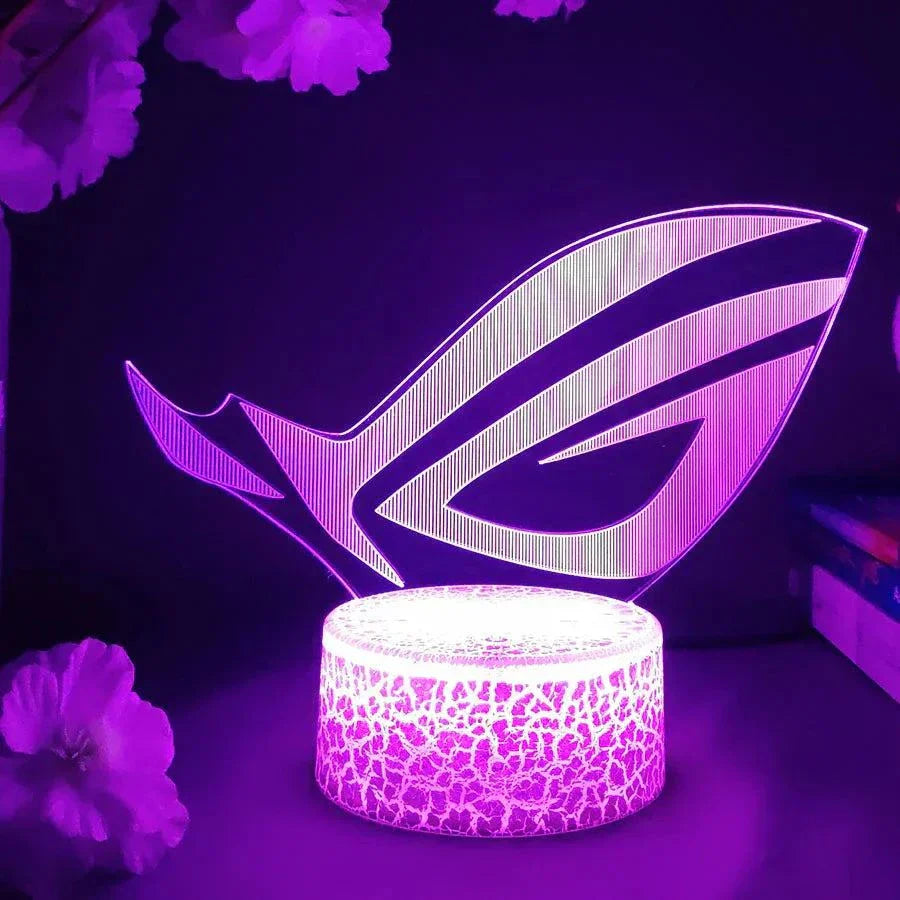 ROG 3D LED lamp with crack pattern lava lamp base glowing purple light, aesthetic gaming decor night light.
