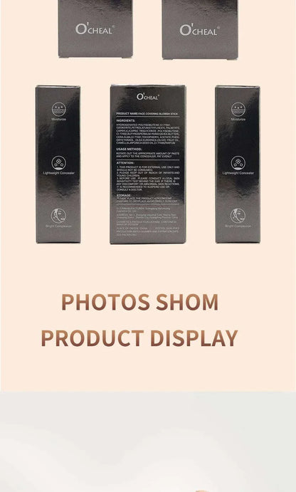 Ocheal Face Foundation contour stick packaging with waterproof, lightweight concealer in black boxes displayed on beige background