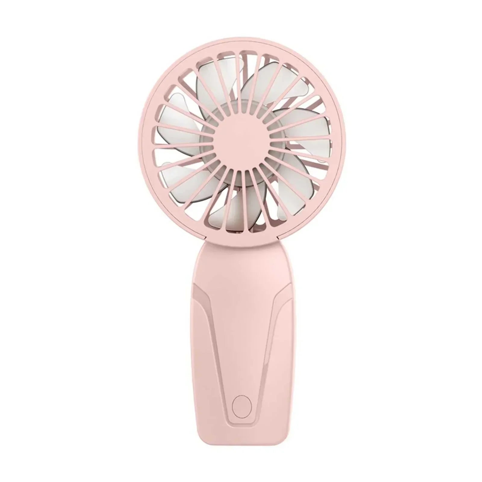 Cute portable handheld USB rechargeable fan in pink, compact and lightweight for on-the-go cooling with three-speed settings and quiet operation.