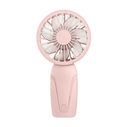 Cute portable handheld USB rechargeable fan in pink, compact and lightweight for on-the-go cooling with three-speed settings and quiet operation.