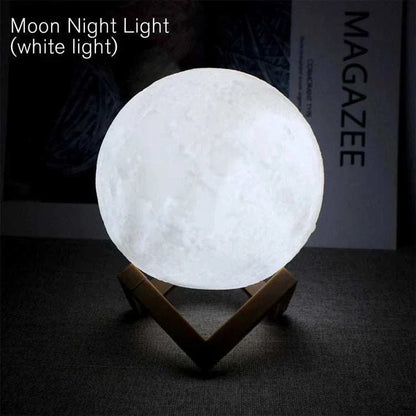Cosmic Moon LED book light with white glowing moon design on wooden stand for bedroom decoration and gift