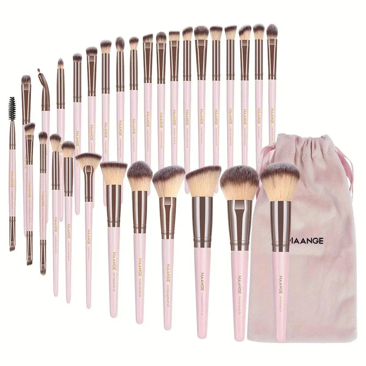 MAANGE 30pcs professional makeup brush set with nylon bristles and pink handles, includes blending brushes and carrying bag