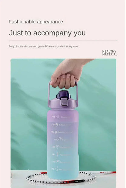 Reusable purple sports water bottle with motivational quotes and time markers, plastic eco-friendly design with straw and leakproof lid