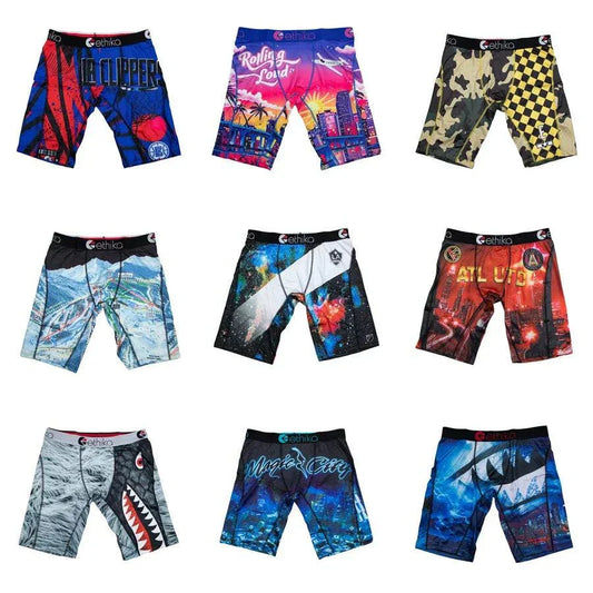 Collection of nine ETHIKA men underwear boxer shorts in various colorful and printed designs, breathable and plus size up to XXL.