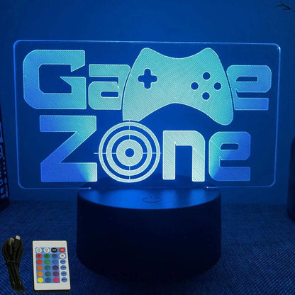Very bright neon gaming sign with LED 3D lamp, remote control, and multiple color options on acrylic panel and wood base.