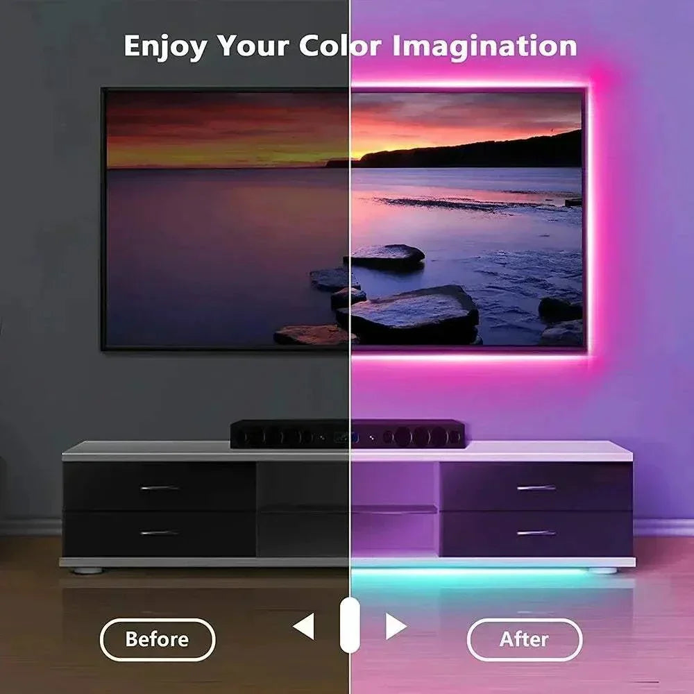 LED Light Strip USB LED strip lights 5050 with bright multicolor options behind TV and under cabinet lighting before and after effect