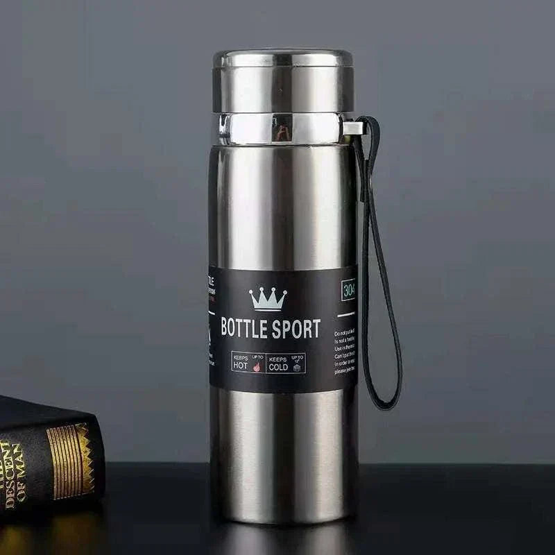 Stainless steel 1L thermal water bottle with vacuum insulation keeps drinks hot or cold for 6-12 hours