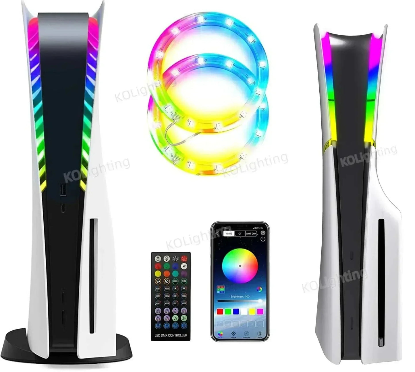 LED RGB Circle Light Strips kitLED RGB Circle Light Strips for PS5 and PS5 Slim with USB, remote, and app control for PS5 and PS5 Slim gaming atmosphere enhancement for PS5 with remote and app control, featuring multicolor rings and music sync lighting effects.