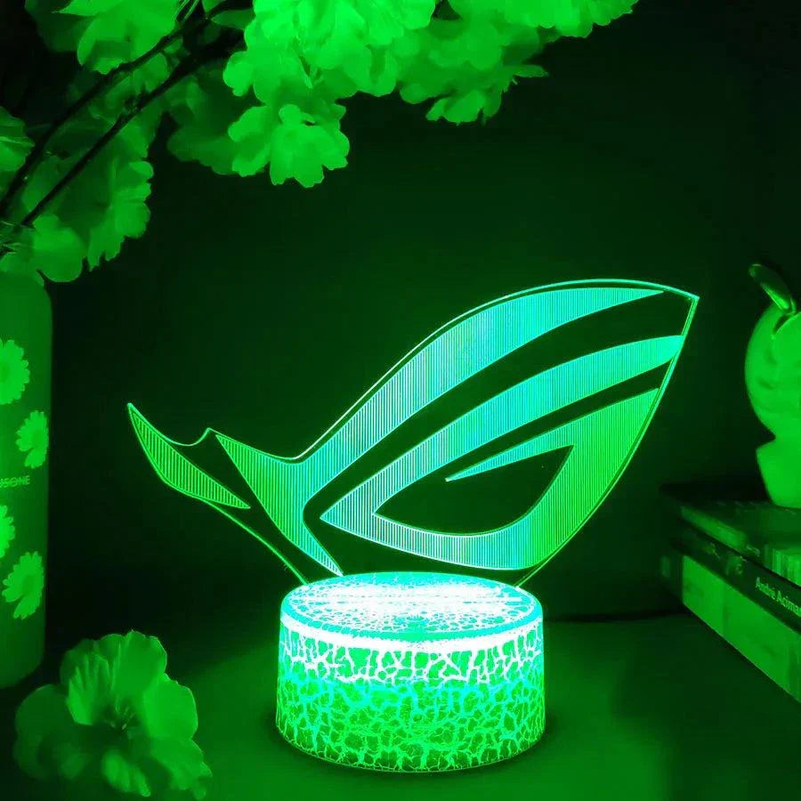 ROG 3D LED Lamp with crack pattern lava lamp base glowing green, acrylic engraved design, color-changing gaming night light