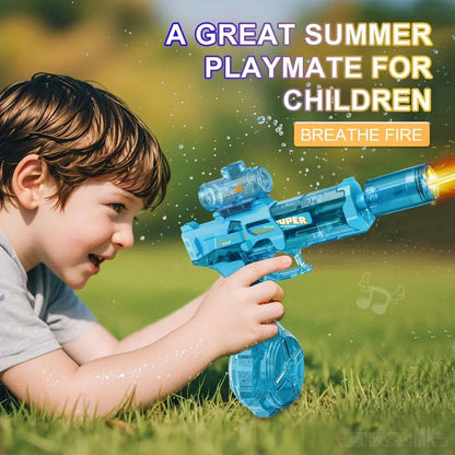 Child playing outdoors with blue Electric WaterGun featuring flame spray effect and built-in lights, summer toy for kids.