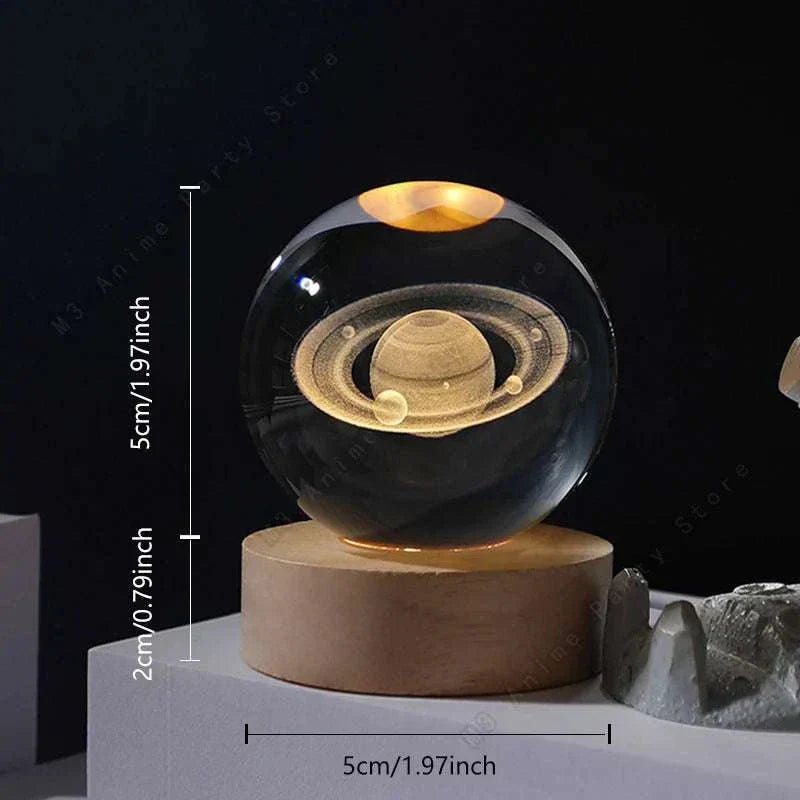 Crystal Ball Moon-Galaxy-Saturn-Solar System LED-Crystal ball LED night light with 3D laser engraved Saturn galaxy design on wooden base, USB powered decorative moon and galaxy lamp.