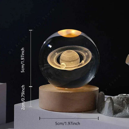 Crystal Ball Moon-Galaxy-Saturn-Solar System LED-Crystal ball LED night light with 3D laser engraved Saturn galaxy design on wooden base, USB powered decorative moon and galaxy lamp.
