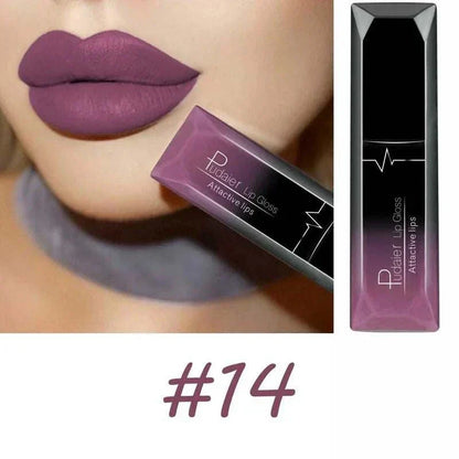 Close-up of lips wearing matte purple lipstick shade #14 from TOP-RATED TikTokMadeMeBuyIt Lip Stick collection with matching lipstick tube.