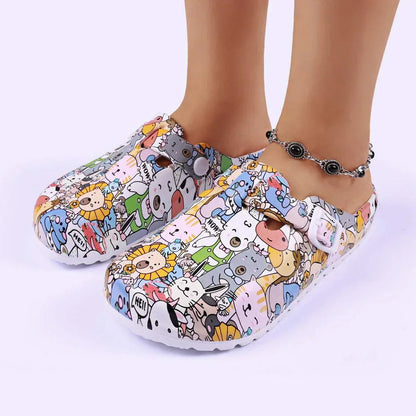 Women's super cute croc style slipons with colorful animal print and flat heel