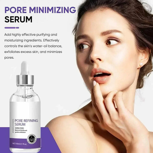 Pore Shrinking Serum bottle with a woman applying skincare for minimizing pores and moisturizing face