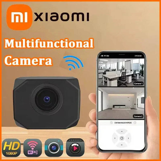 Xiaomi Mini Camera 1080P HD WiFi IP portable security camera with remote monitoring shown with smartphone app displaying live surveillance footage