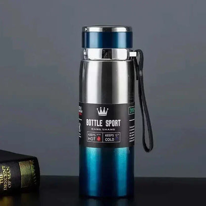 Stainless steel 1L thermal water bottle with blue gradient design and strap, keeps drinks hot or cold for 6-12 hours.