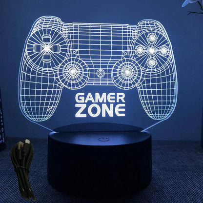 Very bright neon gaming sign LED lamp shaped like a game controller with "GAMER ZONE" text on a black base and USB cable.
