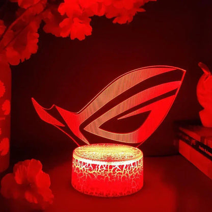 ROG 3D LED Lamp with red glowing crack pattern lava lamp base, gaming setup light with 7 or 16 color modes and touch control.