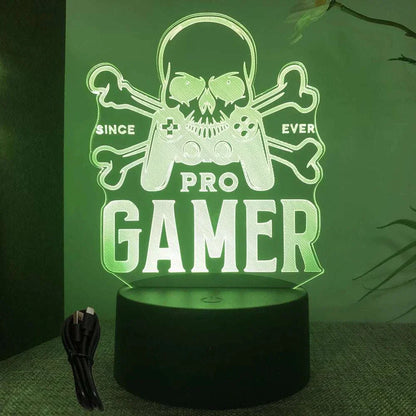 Very bright green neon gaming sign with skull and crossbones design and "Pro Gamer" text on black base with USB cable.
