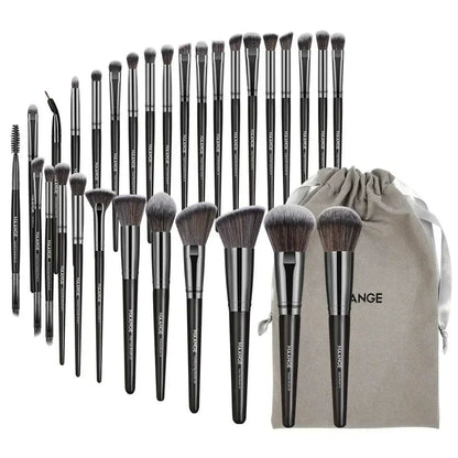 MAANGE 30pcs professional makeup brush set with nylon bristles and black plastic handles, includes blending and sculpting brushes, comes with gray drawstring bag