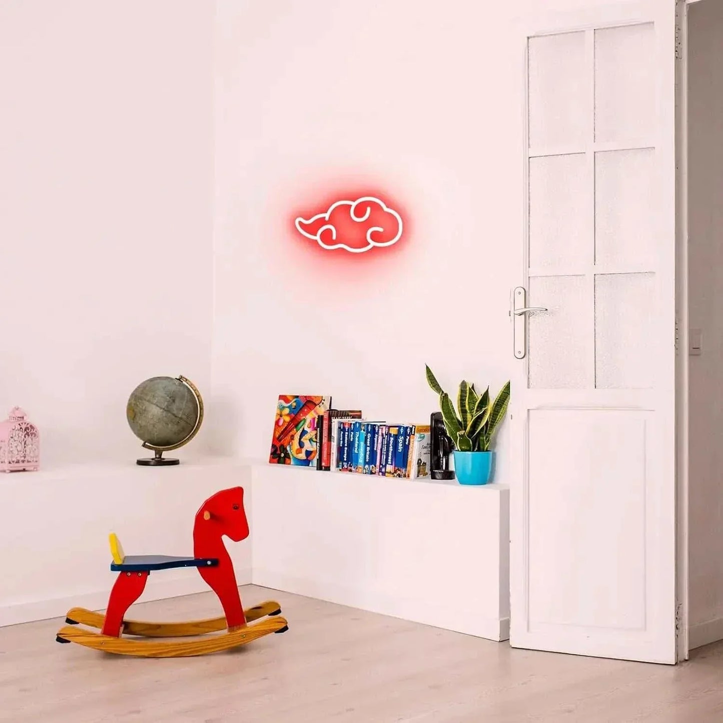 Akatsuki Cloud Neon LED wall sign glowing red in minimalist room with rocking horse and bookshelf