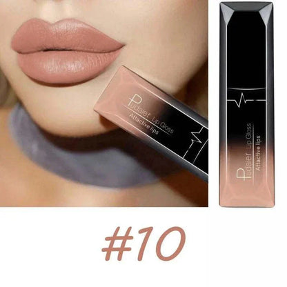 Close-up of lips wearing matte nude lipstick with TOP-RATED TikTokMadeMeBuyIt Lip Stick in shade #10 displayed alongside packaging