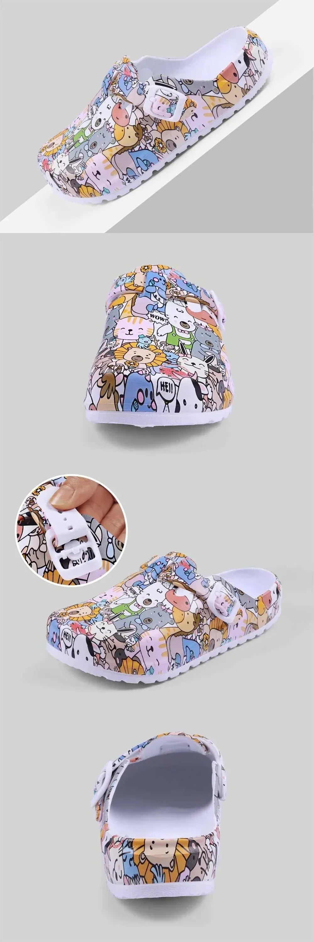 Super cute croc style slip-ons with colorful animal print, flat heel, and breathable design for women.