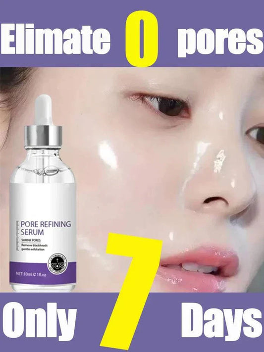 Eelhoe Pore Shrinking Serum bottle with close-up of smooth facial skin promoting pore refining and tightening effects.