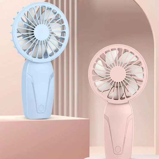 Cute portable handheld USB rechargeable fans in blue and pink for on-the-go cooling