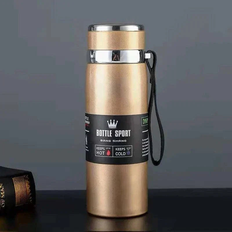 Gold stainless steel thermal water bottle with lid and strap, keeps drinks hot or cold for hours