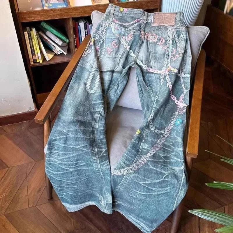 Limited Edition Street Luxe Chain Draped Denim Jeans   #HighQuility!!!