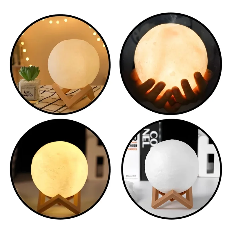 Cosmic Moon LED book light with wooden stand showing warm white and color-changing options, perfect for children's bedroom decor and gifts.