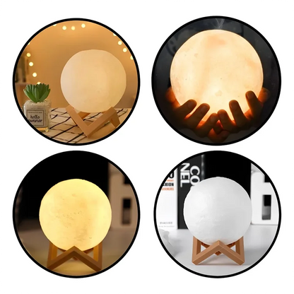 Cosmic Moon LED book light with wooden stand showing warm white and color-changing options, perfect for children's bedroom decor and gifts.