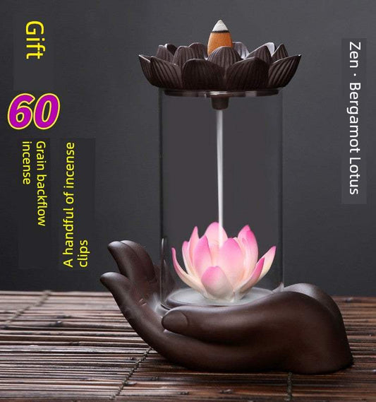 Backflow purple sand incense burner with lotus and Buddha's hand design in Zen style