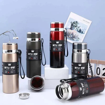 High-quality 1L stainless steel thermal water bottle keeps drinks hot or cold for 6-12 hours, available in multiple colors.