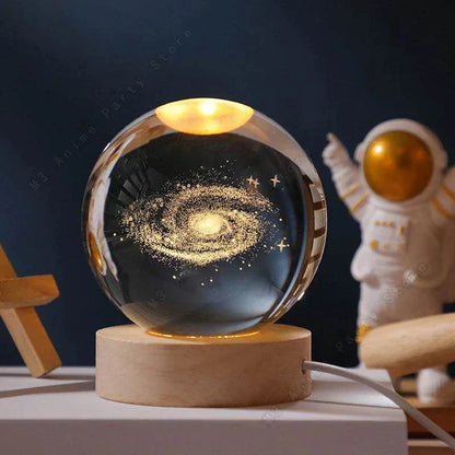Crystal Ball Moon-Galaxy-Saturn-Solar System LED-Crystal ball night light with 3D galaxy engraving on wooden base, USB powered decorative moon and galaxy lamp.