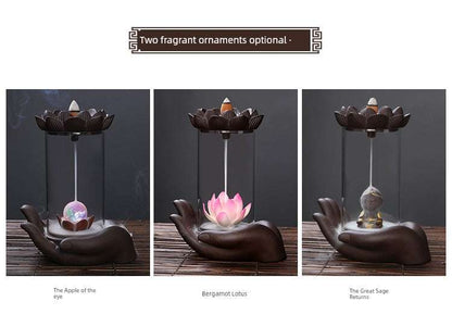 Backflow purple sand ceramic incense burner with Buddha's hand lotus design and optional fragrant ornaments in zen style