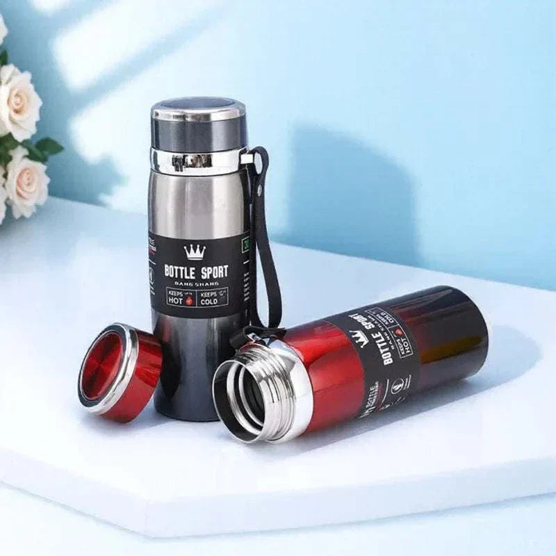 High-quality 1L stainless steel thermal water bottles in black and red, designed to keep drinks hot or cold for 6-12 hours.