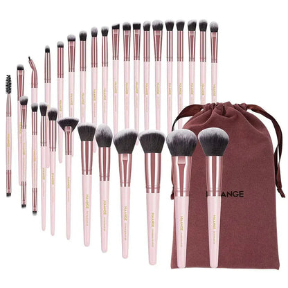 MAANGE 30pcs professional makeup brush set with nylon bristles, pink handles, and carrying bag for blending and applying foundation, eyeshadow, blush, and more.