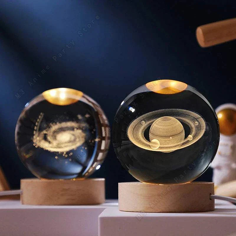 Crystal Ball Moon-Galaxy-Saturn-Solar System LED-Crystal Ball Moon/Galaxy LED night light with wooden base featuring 3D laser engraved solar system designs.
