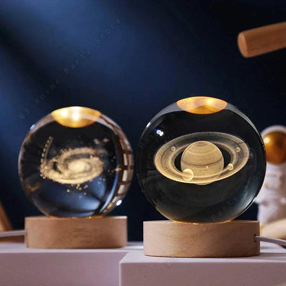 Crystal Ball Moon-Galaxy-Saturn-Solar System LED-Crystal Ball Moon/Galaxy LED night light with wooden base featuring 3D laser engraved solar system designs.