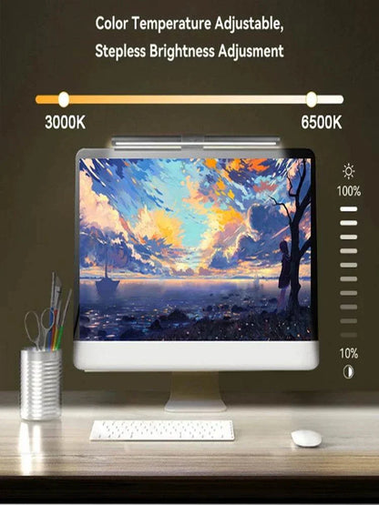 LED monitor light bar mounted on computer screen with adjustable color temperature and brightness controls