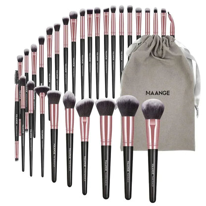 MAANGE 30-piece professional makeup brush set with nylon bristles, black and rose gold handles, and grey storage bag for blending and applying makeup.