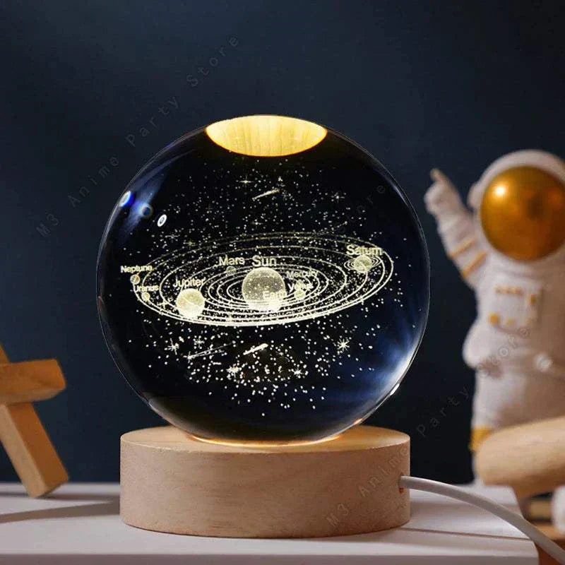 Crystal Ball Moon-Galaxy-Saturn-Solar System LED-Crystal ball night light featuring 3D engraved solar system galaxy design on wooden base, USB powered ambient LED lamp.