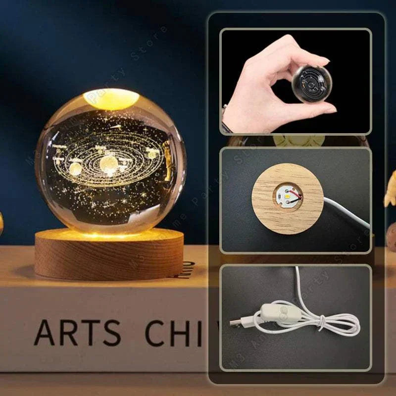 Crystal Ball Moon-Galaxy-Saturn-Solar System LED-Crystal ball moon and galaxy LED night light with wooden base and USB power, featuring 3D laser engraved solar system design.