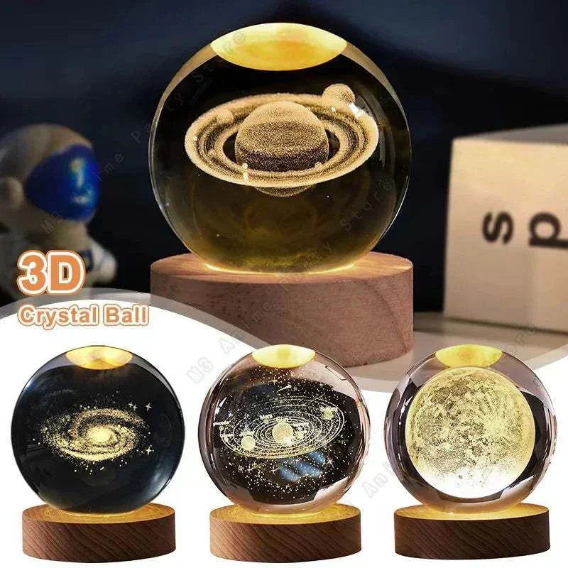 Crystal Ball Moon-Galaxy-Saturn-Solar System LED-3D laser engraved crystal ball night light featuring moon, galaxy, Saturn, and solar system designs on a wooden base, USB powered decorative LED lamp.